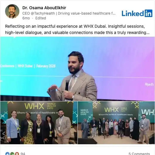LinkedIn post by speaker Dr. Osama AbouElkhir about World Health Expo 2026