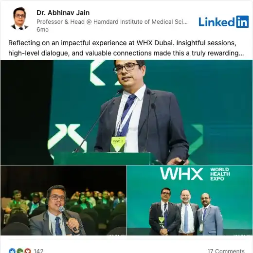 LinkedIn post by speaker Dr. Abhinav Jain about World Health Expo 2026